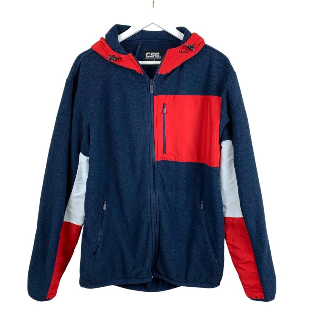 CSG Sweater Womens Large Red White Blue Hoodie Half Zipper Sweatshirt Casual